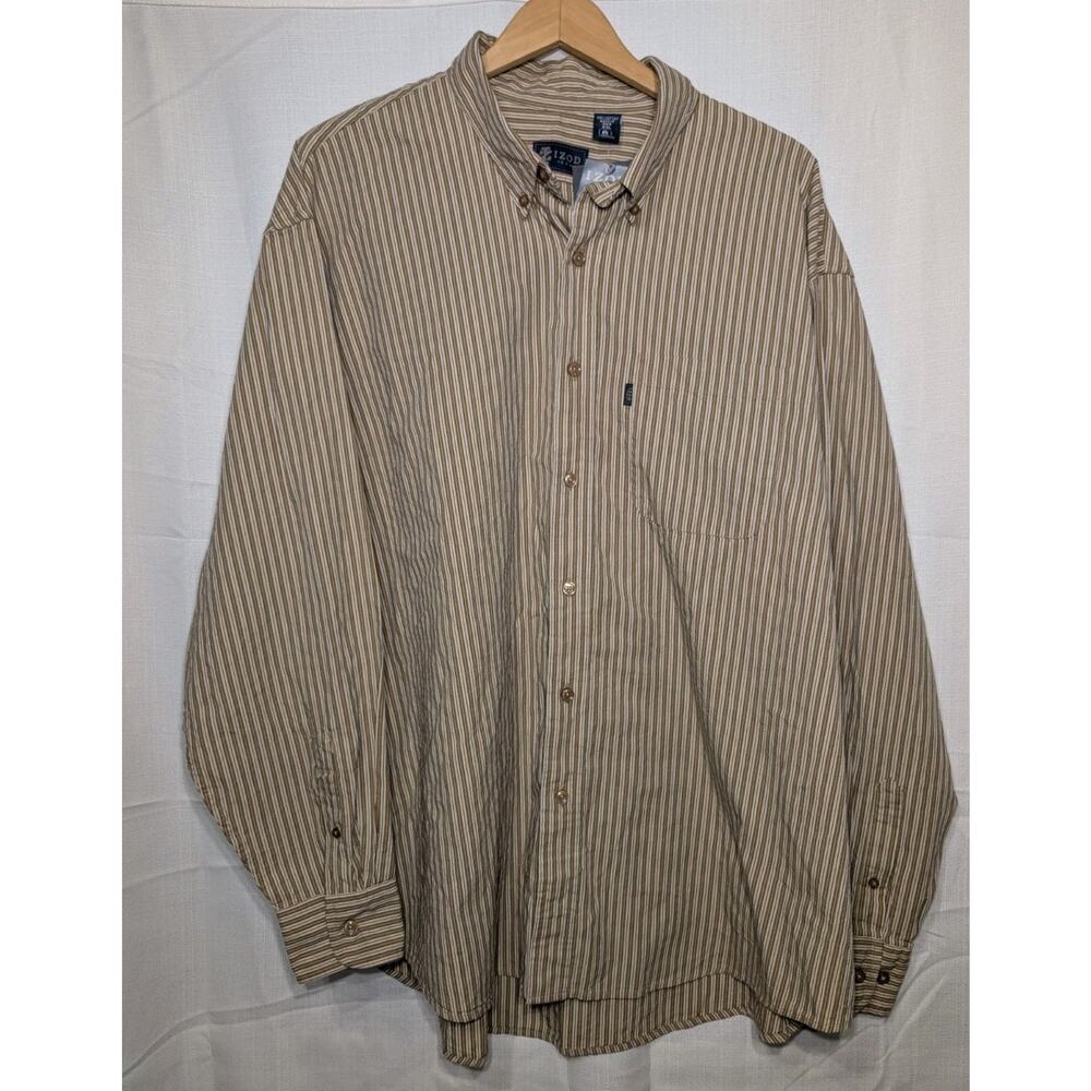 Izod Jeans Striped Button Down Shirt Mens Size XXL Cotton Textured Tan Brown NWT
